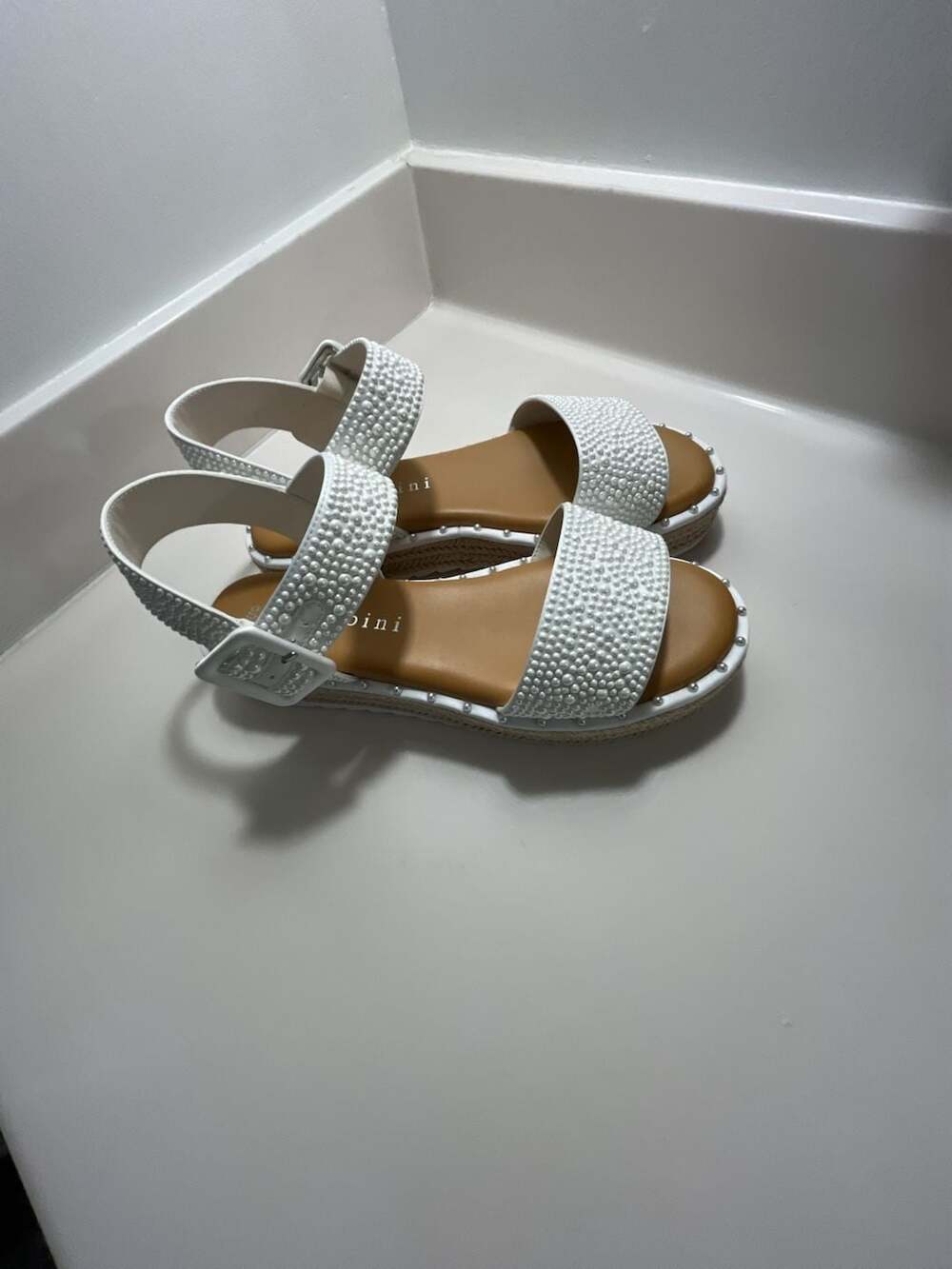 Gianni Bini Embellished Pearl Flat Sandals White